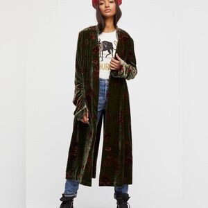 Free people Velvet Long Green Coat with Floral Pattern, tassels